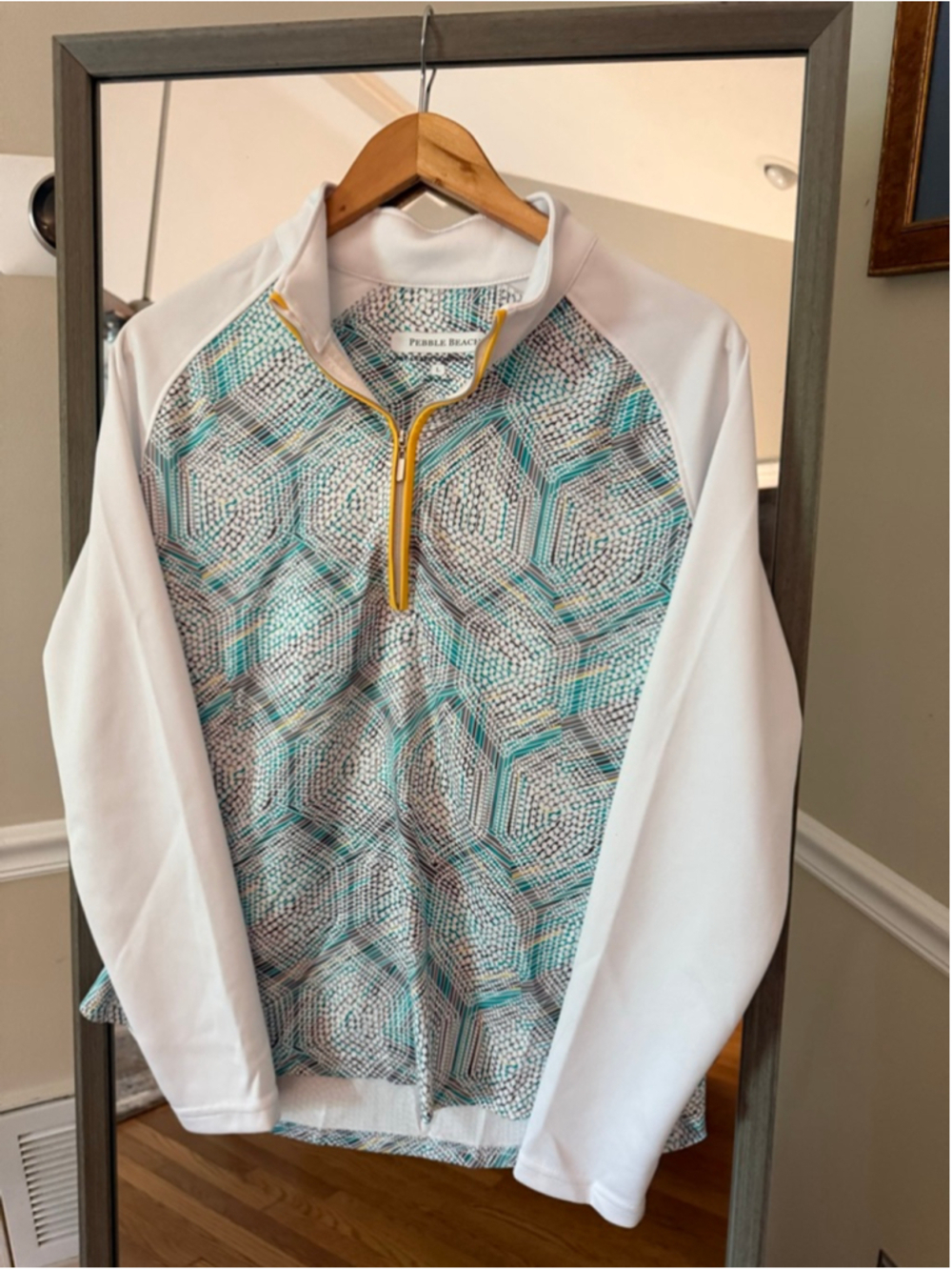 Pebble Beach Women's Long Sleeve Pullover White Teal Geometric L